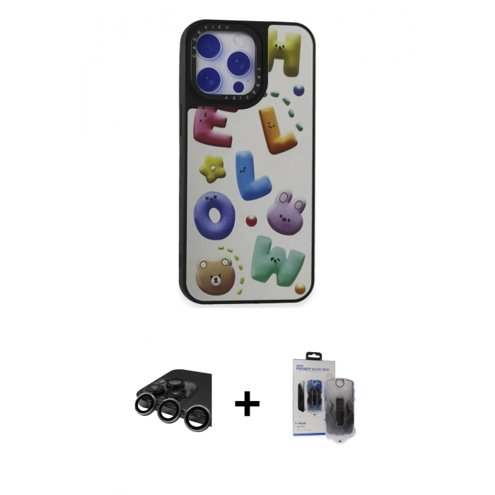 MARSİLYAN™- iPhone 15 Pro Max Kılıf Odak Klasik Serisi - Siyah Vanessa Magic Hayalet Cam + Raze Metal Kamera Lens - TMGI