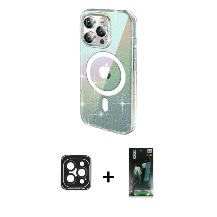 MARSİLYAN™- iPhone 15 Pro Max Kılıf Odak Modern Serisi - Şeffaf 360 Full Body Arka Koruyucu + PVD Metal Kamera Lens - SH