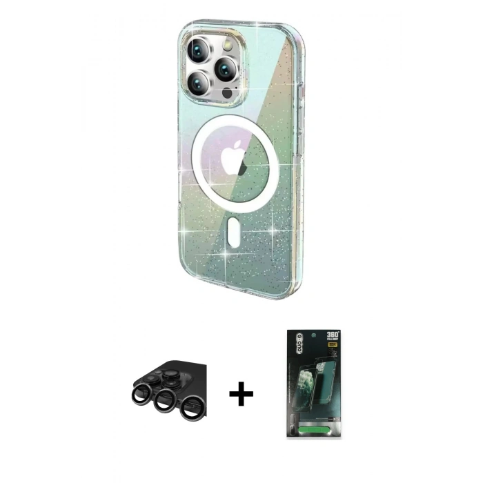 MARSİLYAN™- iPhone 15 Pro Max Kılıf Odak Modern Serisi - Şeffaf 360 Full Body Arka Koruyucu + Raze Metal Kamera Lens - TMGI