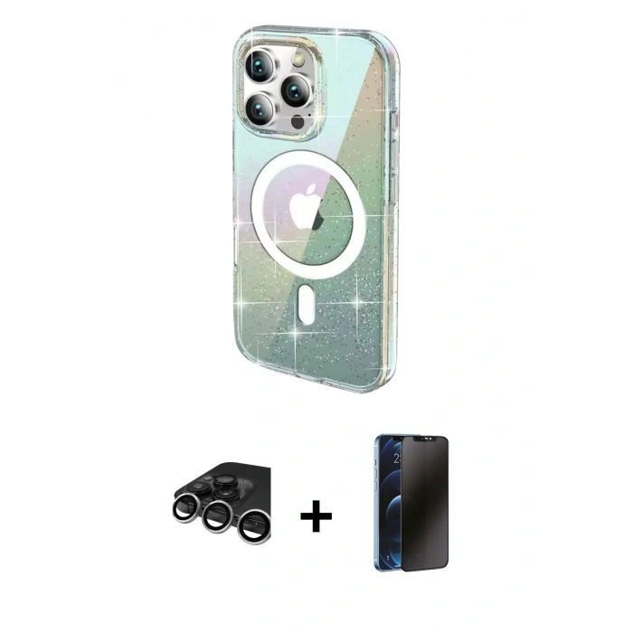 MARSİLYAN™- iPhone 15 Pro Max Kılıf Odak Modern Serisi - Siyah 3D Antistatik Hayalet Cam Ekran Koruyucu + Raze Metal Kamera Lens - GS