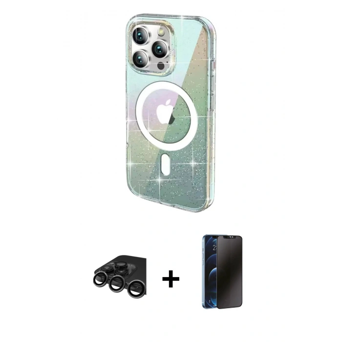MARSİLYAN™- iPhone 15 Pro Max Kılıf Odak Modern Serisi - Siyah 3D Antistatik Hayalet Cam Ekran Koruyucu + Raze Metal Kamera Lens - TMGI