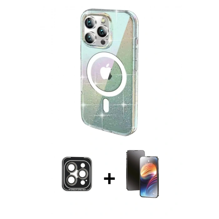 MARSİLYAN™- iPhone 15 Pro Max Kılıf Odak Modern Serisi - Siyah 3D Antistatik Mat Seramik Nano Ekran Koruyucu + PVD Metal Kamera Lens - GI