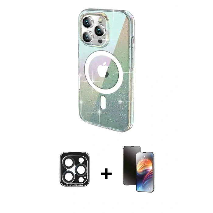 MARSİLYAN™- iPhone 15 Pro Max Kılıf Odak Modern Serisi - Siyah 3D Antistatik Mat Seramik Nano Ekran Koruyucu + PVD Metal Kamera Lens - LT
