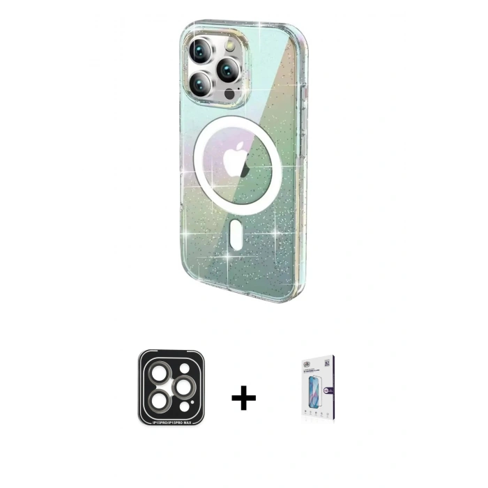 MARSİLYAN™- iPhone 15 Pro Max Kılıf Odak Modern Serisi - Siyah Bilvis 0.18mm Plus Cam Ekran Koruyucu + Gri PVD Metal Kamera Lens