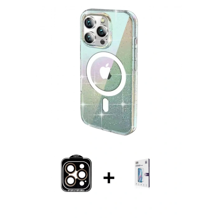 MARSİLYAN™- iPhone 15 Pro Max Kılıf Odak Modern Serisi - Siyah Bilvis 0.18mm Plus Cam Ekran Koruyucu + PVD Metal Kamera Lens - TU