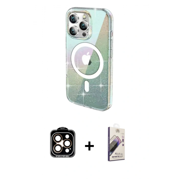 MARSİLYAN™- iPhone 15 Pro Max Kılıf Odak Modern Serisi - Siyah Bilvis 3D Mat Cam Ekran Koruyucu + PVD Metal Kamera Lens - TU