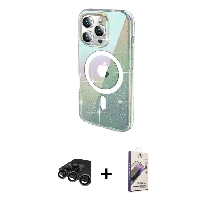 MARSİLYAN™- iPhone 15 Pro Max Kılıf Odak Modern Serisi - Siyah Bilvis 3D Mat Cam Ekran Koruyucu + Raze Metal Kamera Lens - TMGI