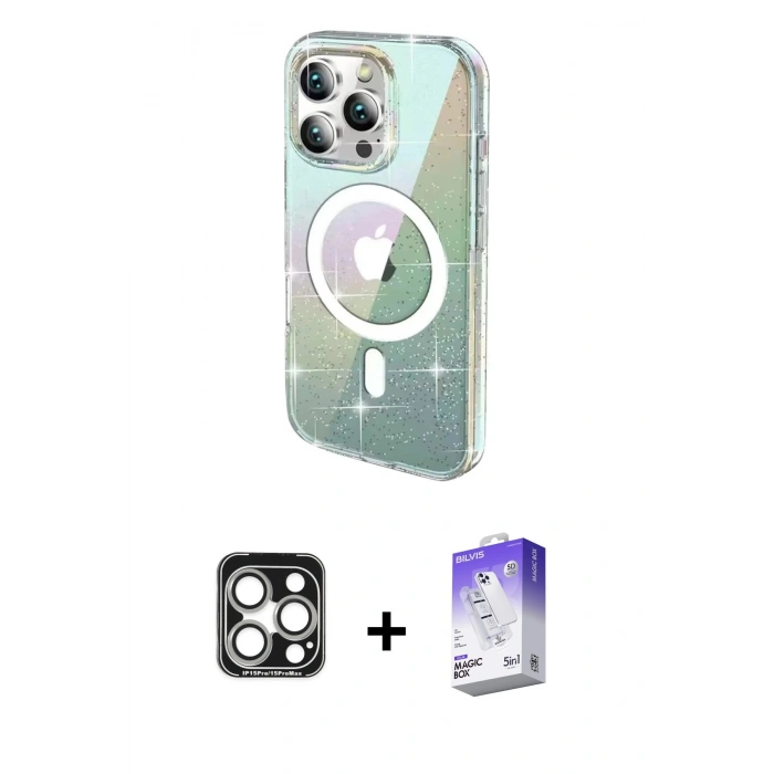 MARSİLYAN™- iPhone 15 Pro Max Kılıf Odak Modern Serisi - Siyah Bilvis 5in1 3D Magic Cam Ekran Koruyucu + PVD Metal Kamera Lens - GS