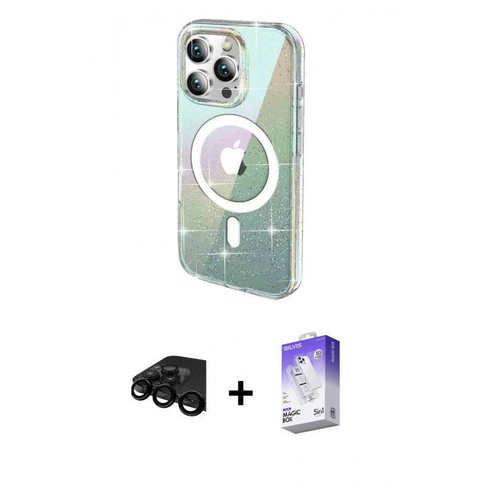 MARSİLYAN™- iPhone 15 Pro Max Kılıf Odak Modern Serisi - Siyah Bilvis 5in1 3D Magic Cam Ekran Koruyucu + Raze Metal Kamera Lens - SH