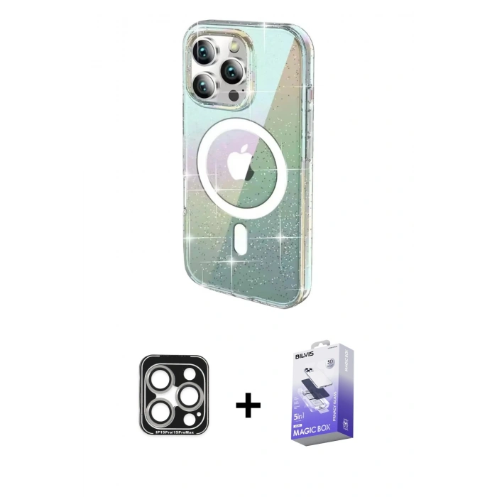 MARSİLYAN™- iPhone 15 Pro Max Kılıf Odak Modern Serisi - Siyah Bilvis 5in1 5D Magic Hayalet Cam Ekran Koruyucu + PVD Metal Kamera Lens - GS