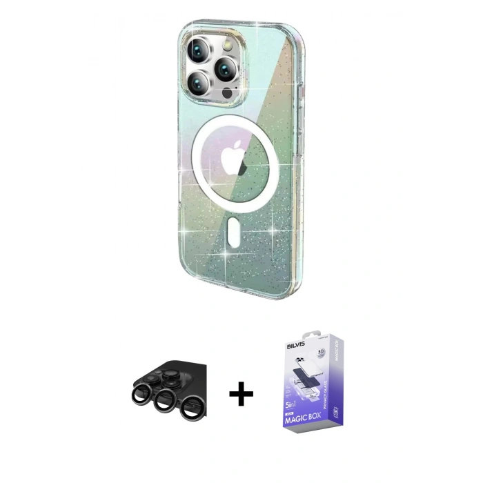 MARSİLYAN™- iPhone 15 Pro Max Kılıf Odak Modern Serisi - Siyah Bilvis 5in1 5D Magic Hayalet Cam Ekran Koruyucu + Raze Metal Kamera Lens - TMGI