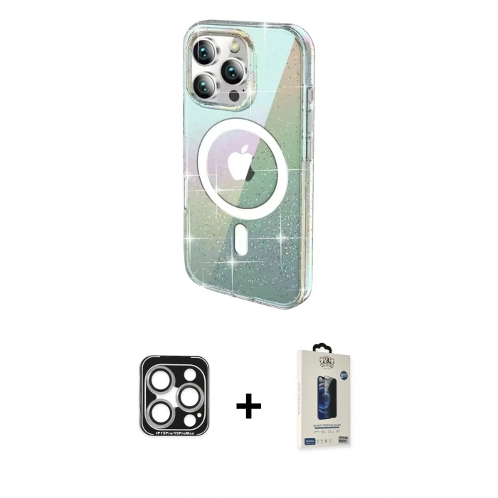 MARSİLYAN™- iPhone 15 Pro Max Kılıf Odak Modern Serisi - Siyah Bilvis Hayalet Cam Ekran Koruyucu + PVD Metal Kamera Lens - GS
