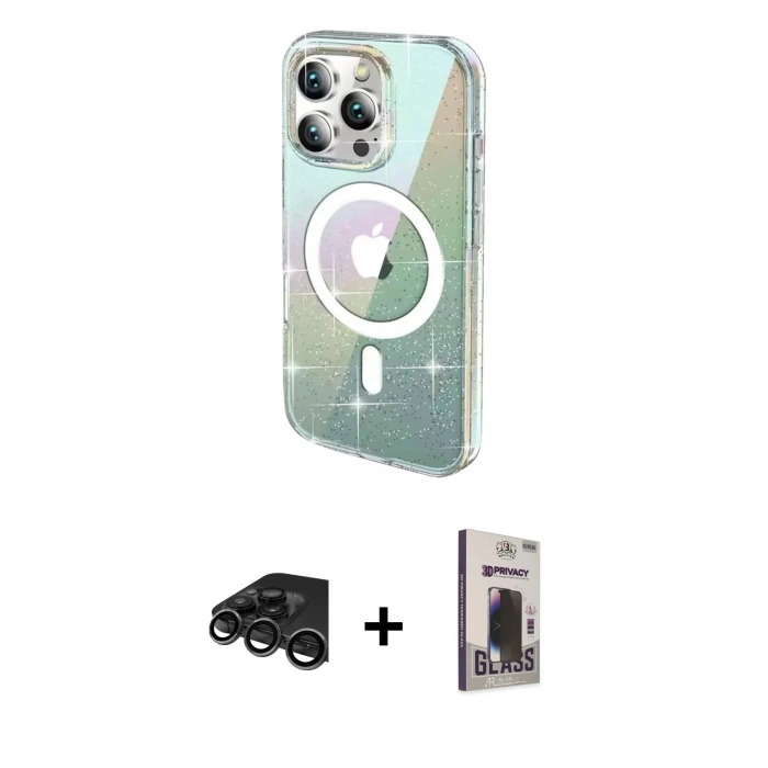 MARSİLYAN™- iPhone 15 Pro Max Kılıf Odak Modern Serisi - Siyah Bilvis Hayalet Cam Ekran Koruyucu + Raze Metal Kamera Lens - TMGI