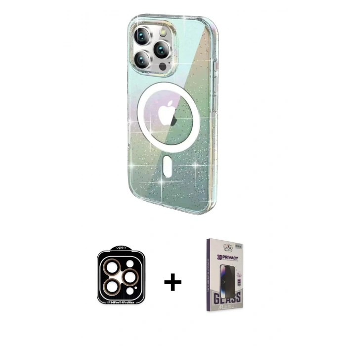 MARSİLYAN™- iPhone 15 Pro Max Kılıf Odak Modern Serisi - Siyah Bilvis Hayalet Cam Ekran Koruyucu + PVD Metal Kamera Lens - TU