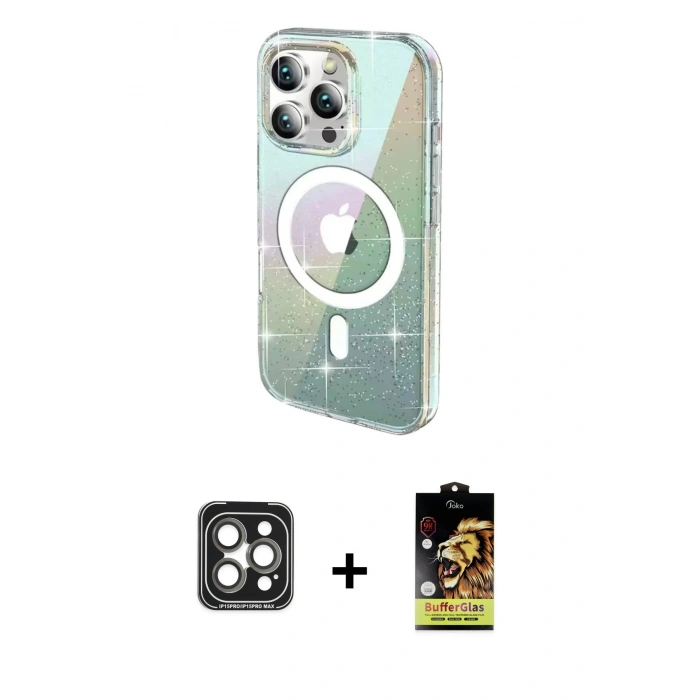 MARSİLYAN™- iPhone 15 Pro Max Kılıf Odak Modern Serisi - Siyah Buffer Cam Ekran Koruyucu + PVD Metal Kamera Lens - GI