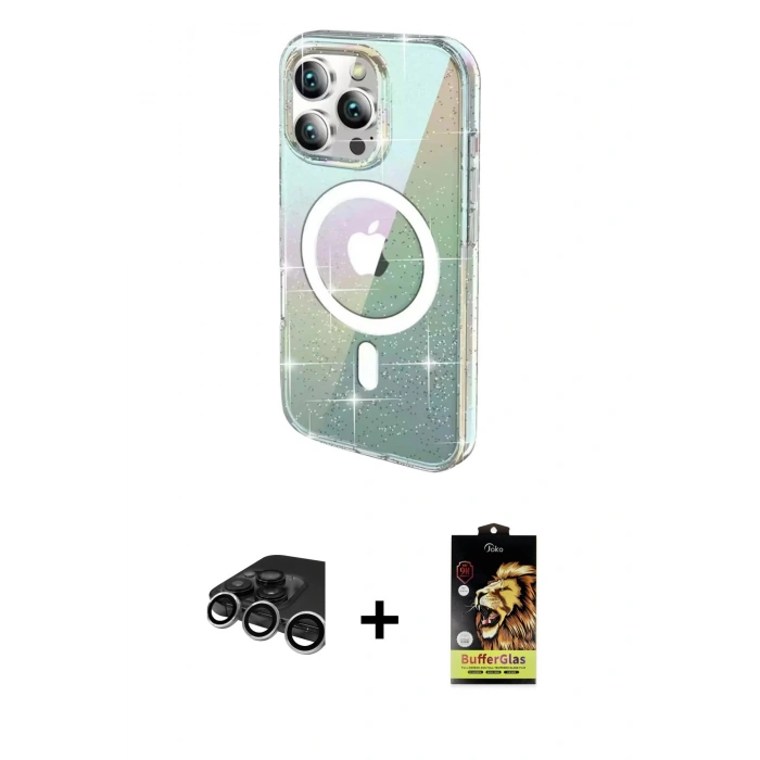 MARSİLYAN™- iPhone 15 Pro Max Kılıf Odak Modern Serisi - Siyah Buffer Cam Ekran Koruyucu + Gümüş Raze Metal Kamera Lens