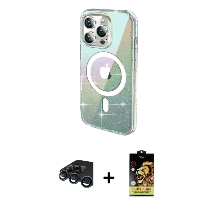 MARSİLYAN™- iPhone 15 Pro Max Kılıf Odak Modern Serisi - Siyah Buffer Cam Ekran Koruyucu + Lacivert Raze Metal Kamera Lens