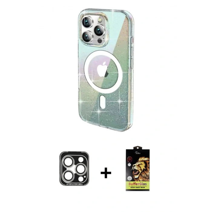 MARSİLYAN™- iPhone 15 Pro Max Kılıf Odak Modern Serisi - Siyah Buffer Cam Ekran Koruyucu + PVD Metal Kamera Lens - GS