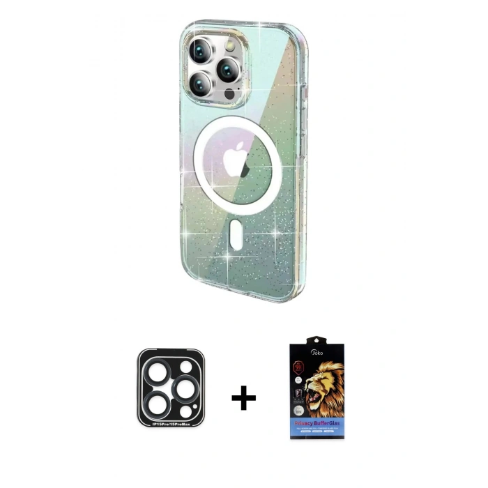 MARSİLYAN™- iPhone 15 Pro Max Kılıf Odak Modern Serisi - Siyah Buffer Hayalet Cam Ekran Koruyucu + PVD Metal Kamera Lens - LT