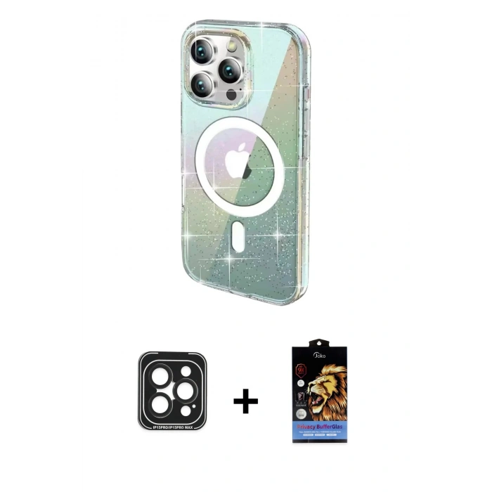 MARSİLYAN™- iPhone 15 Pro Max Kılıf Odak Modern Serisi - Siyah Buffer Hayalet Cam Ekran Koruyucu + PVD Metal Kamera Lens - SH