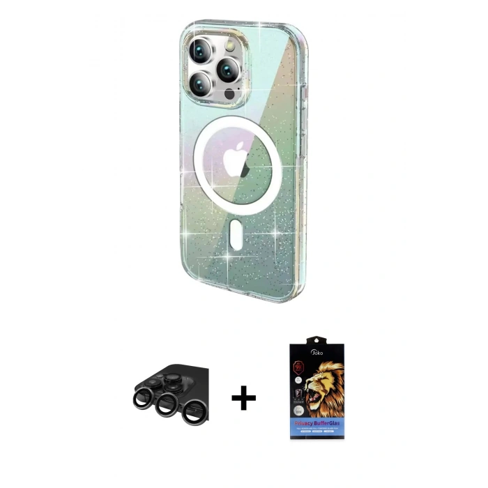 MARSİLYAN™- iPhone 15 Pro Max Kılıf Odak Modern Serisi - Siyah Buffer Hayalet Cam Ekran Koruyucu + Titanyum Gri Raze Metal Kamera Lens