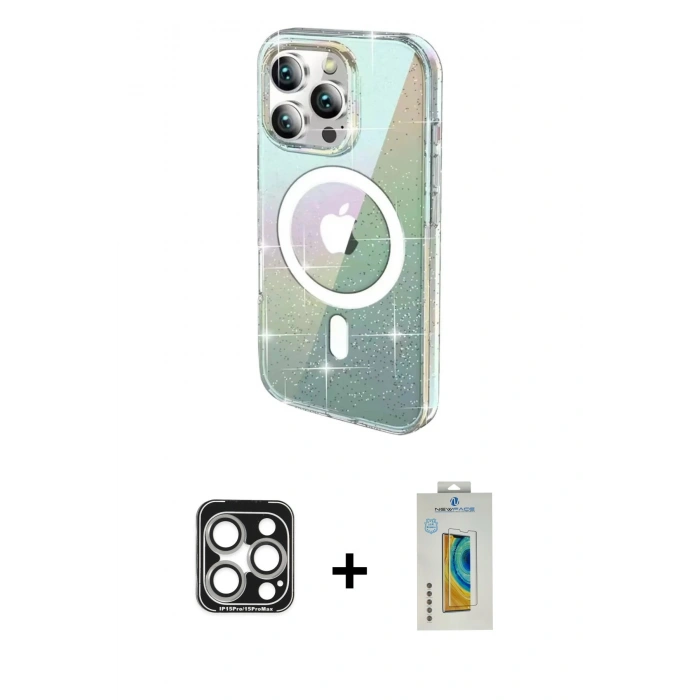 MARSİLYAN™- iPhone 15 Pro Max Kılıf Odak Modern Serisi - Siyah Polymer Nano Ekran Koruyucu + PVD Metal Kamera Lens - GS
