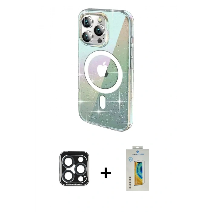 MARSİLYAN™- iPhone 15 Pro Max Kılıf Odak Modern Serisi - Siyah Polymer Nano Ekran Koruyucu + PVD Metal Kamera Lens - LT