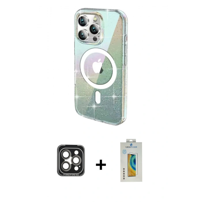 MARSİLYAN™- iPhone 15 Pro Max Kılıf Odak Modern Serisi - Siyah Polymer Nano Ekran Koruyucu + PVD Metal Kamera Lens - GI