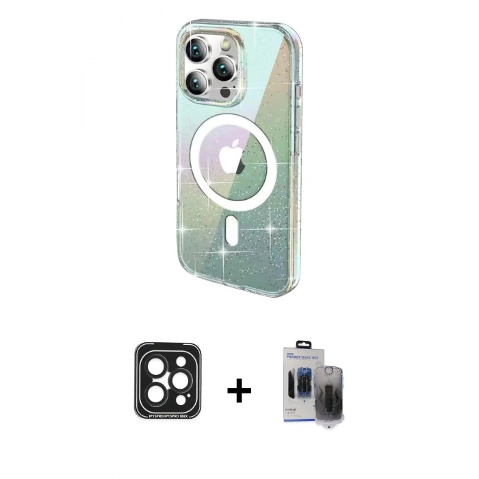 MARSİLYAN™- iPhone 15 Pro Max Kılıf Odak Modern Serisi - Siyah Vanessa Magic Hayalet Cam + PVD Metal Kamera Lens - SH