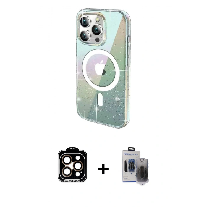 MARSİLYAN™- iPhone 15 Pro Max Kılıf Odak Modern Serisi - Siyah Vanessa Magic Hayalet Cam + PVD Metal Kamera Lens - TU