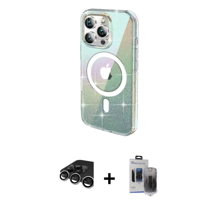 MARSİLYAN™- iPhone 15 Pro Max Kılıf Odak Modern Serisi - Siyah Vanessa Magic Hayalet Cam + Raze Metal Kamera Lens - GS