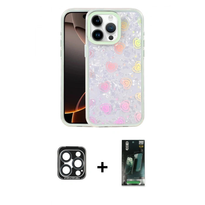 MARSİLYAN™- iPhone 15 Pro Max Kılıf Odak Prime - Şeffaf 360 Full Body Arka Koruyucu + PVD Metal Kamera Lens - LT