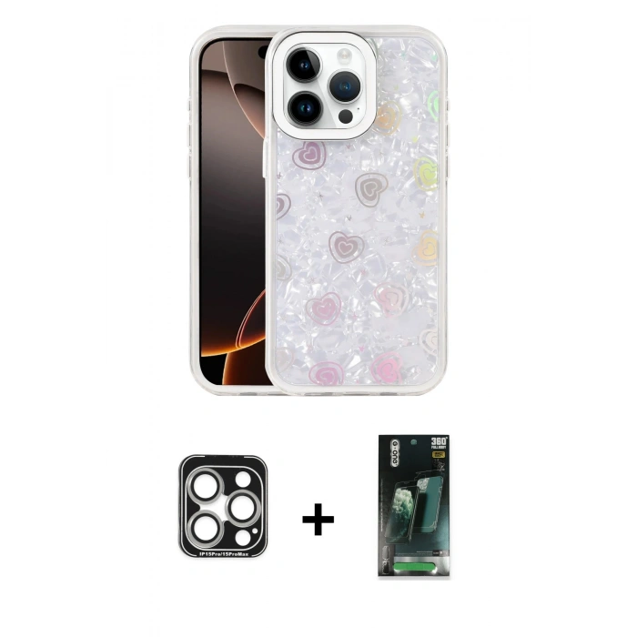 MARSİLYAN™- iPhone 15 Pro Max Kılıf Odak Prime - Şeffaf 360 Full Body Arka Koruyucu + PVD Metal Kamera Lens - GS