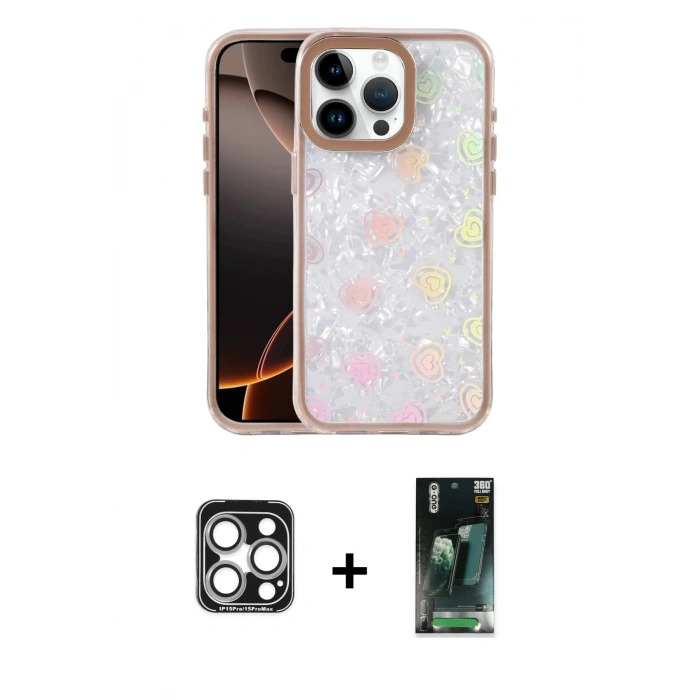 MARSİLYAN™- iPhone 15 Pro Max Kılıf Odak Prime - Şeffaf 360 Full Body Arka Koruyucu + PVD Metal Kamera Lens - GS