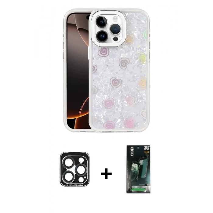 MARSİLYAN™- iPhone 15 Pro Max Kılıf Odak Prime - Şeffaf 360 Full Body Arka Koruyucu + PVD Metal Kamera Lens - LT