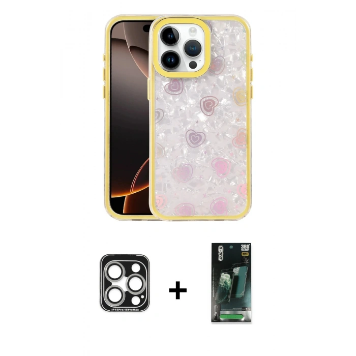 MARSİLYAN™- iPhone 15 Pro Max Kılıf Odak Prime - Şeffaf 360 Full Body Arka Koruyucu + PVD Metal Kamera Lens - GS