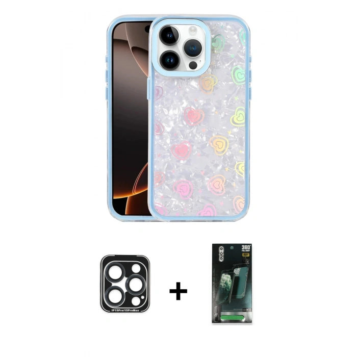MARSİLYAN™- iPhone 15 Pro Max Kılıf Odak Prime - Şeffaf 360 Full Body Arka Koruyucu + PVD Metal Kamera Lens - LT