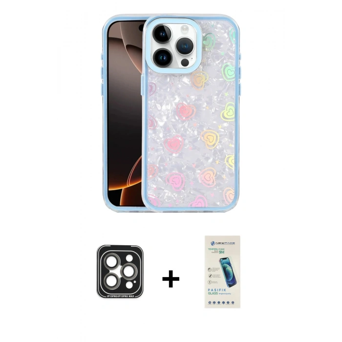MARSİLYAN™- iPhone 15 Pro Max Kılıf Odak Prime - Şeffaf Pasifik Cam Ekran Koruyucu + PVD Metal Kamera Lens - GI