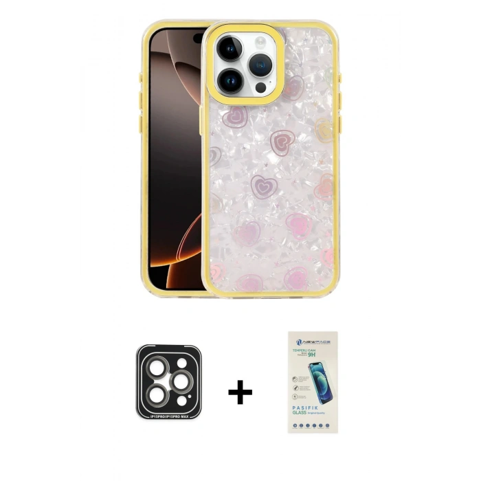 MARSİLYAN™- iPhone 15 Pro Max Kılıf Odak Prime - Şeffaf Pasifik Cam Ekran Koruyucu + PVD Metal Kamera Lens - GI