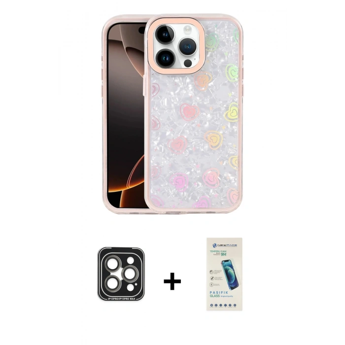 MARSİLYAN™- iPhone 15 Pro Max Kılıf Odak Prime - Şeffaf Pasifik Cam Ekran Koruyucu + PVD Metal Kamera Lens - GI