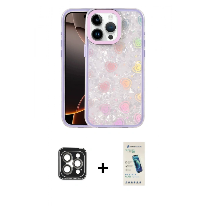 MARSİLYAN™- iPhone 15 Pro Max Kılıf Odak Prime - Şeffaf Pasifik Cam Ekran Koruyucu + PVD Metal Kamera Lens - GI
