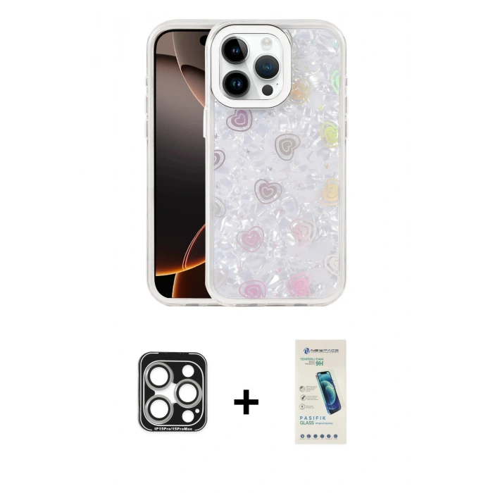 MARSİLYAN™- iPhone 15 Pro Max Kılıf Odak Prime - Şeffaf Pasifik Cam Ekran Koruyucu + PVD Metal Kamera Lens - GS