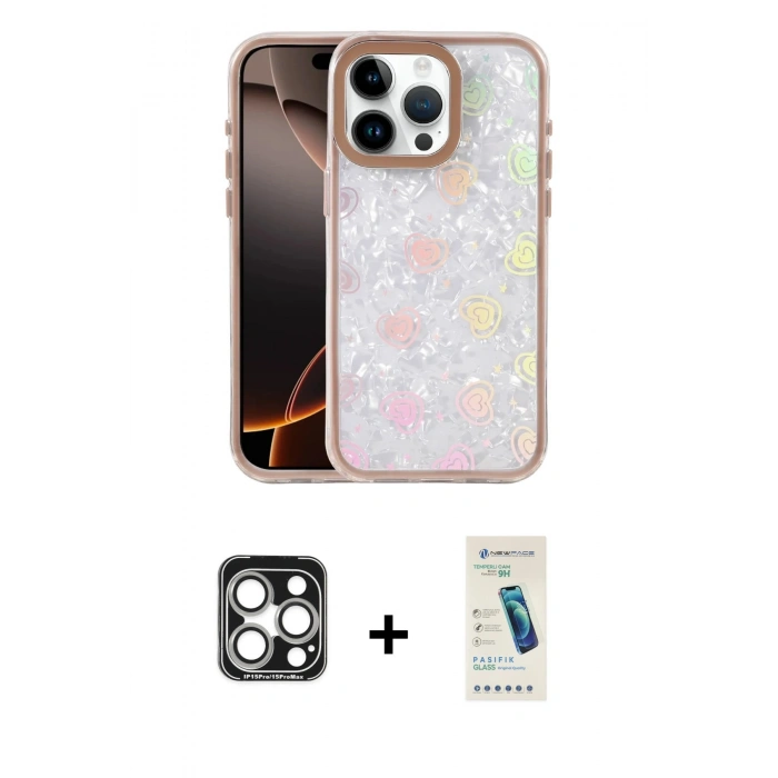 MARSİLYAN™- iPhone 15 Pro Max Kılıf Odak Prime - Şeffaf Pasifik Cam Ekran Koruyucu + PVD Metal Kamera Lens - GS