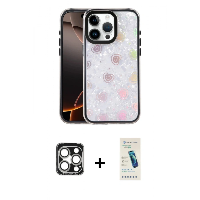 MARSİLYAN™- iPhone 15 Pro Max Kılıf Odak Prime - Şeffaf Pasifik Cam Ekran Koruyucu + PVD Metal Kamera Lens - GS