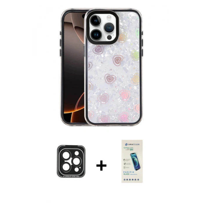 MARSİLYAN™- iPhone 15 Pro Max Kılıf Odak Prime - Şeffaf Pasifik Cam Ekran Koruyucu + PVD Metal Kamera Lens - SH