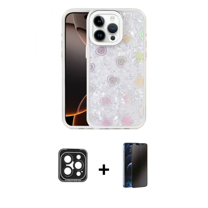 MARSİLYAN™- iPhone 15 Pro Max Kılıf Odak Prime - Siyah 3D Antistatik Hayalet Cam Ekran Koruyucu + PVD Metal Kamera Lens - SH