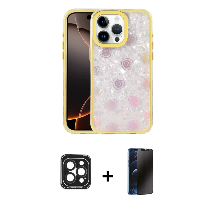 MARSİLYAN™- iPhone 15 Pro Max Kılıf Odak Prime - Siyah 3D Antistatik Hayalet Cam Ekran Koruyucu + PVD Metal Kamera Lens - SH