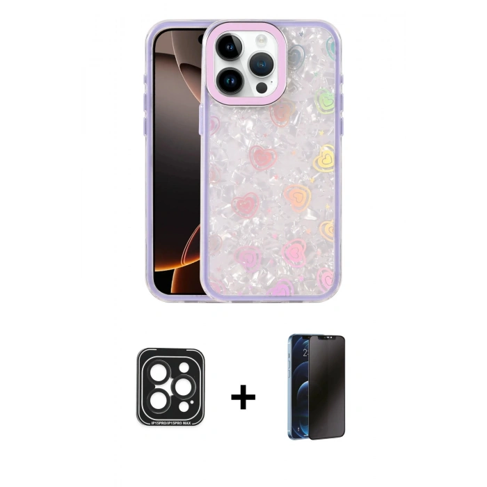 MARSİLYAN™- iPhone 15 Pro Max Kılıf Odak Prime - Siyah 3D Antistatik Hayalet Cam Ekran Koruyucu + PVD Metal Kamera Lens - SH