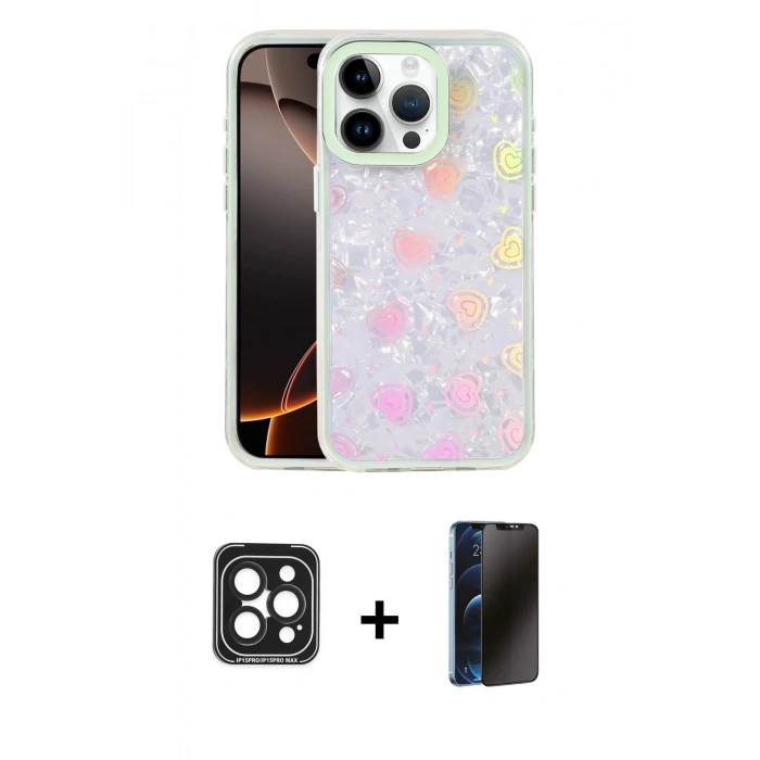MARSİLYAN™- iPhone 15 Pro Max Kılıf Odak Prime - Siyah 3D Antistatik Hayalet Cam Ekran Koruyucu + PVD Metal Kamera Lens - SH