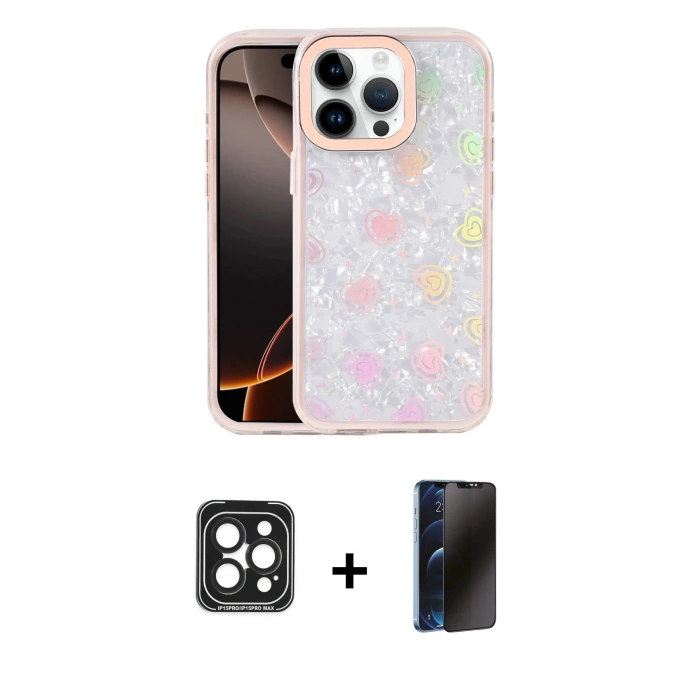 MARSİLYAN™- iPhone 15 Pro Max Kılıf Odak Prime - Siyah 3D Antistatik Hayalet Cam Ekran Koruyucu + PVD Metal Kamera Lens - SH